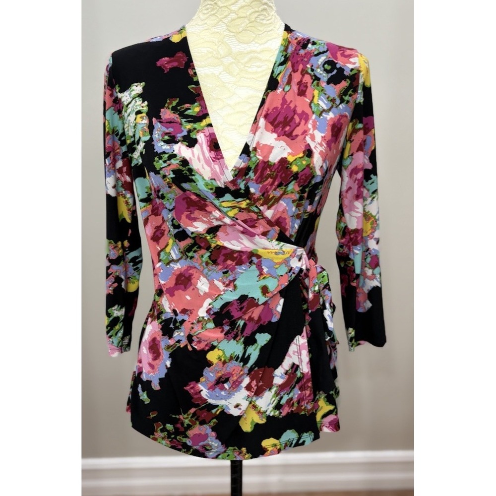 VTG Jones Studio Womens PS Floral Wrap Blouse V Neck 3/4 Sleeve Y2K Boho Fairy